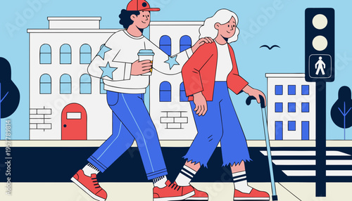 Young man assisting elderly woman with a cane while walking on a city street, buildings and traffic signals visible in a colorful urban setting for International Day of Charity