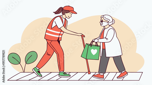 Female volunteer in orange vest assists elderly woman medical mask with cane while carrying green shopping bag on sidewalk surrounded by plants in community setting for International Day of Charity
