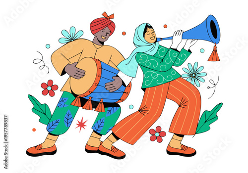 Illustration of two individuals celebrating Bohag Bihu, one playing a traditional drum and the other blowing a horn, surrounded by colorful flowers and foliage