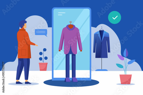 Illustration of a male character in an orange coat interacting with a virtual fitting room online shopping displaying a purple outfit and a blue coat on hangers