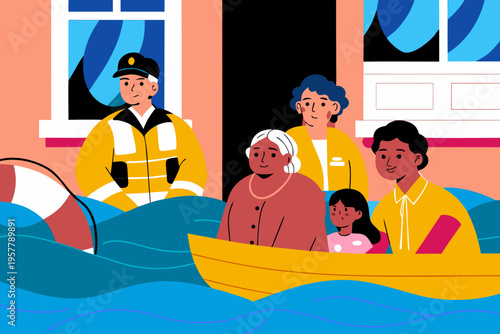 Illustration of diverse group of people in a yellow boat being rescued by lifeguard during flood, with house and life buoy visible in the background, concept of community support and protection