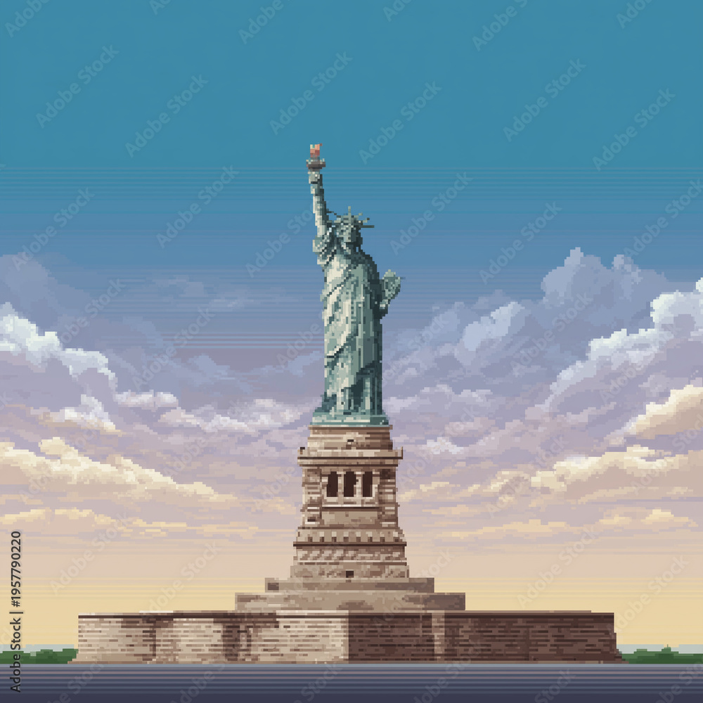 Fototapeta premium Statue of Liberty recreated in a voxel-style design using large cubic blocks, Modern digital aesthetic.