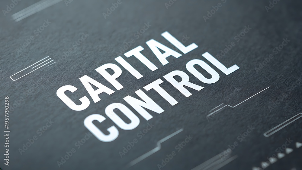 Fototapeta premium Conceptual capital control presentation, close-up shot, using strong, bold typography, dark background, high contrast. Finance, economy, strategy in macro view.