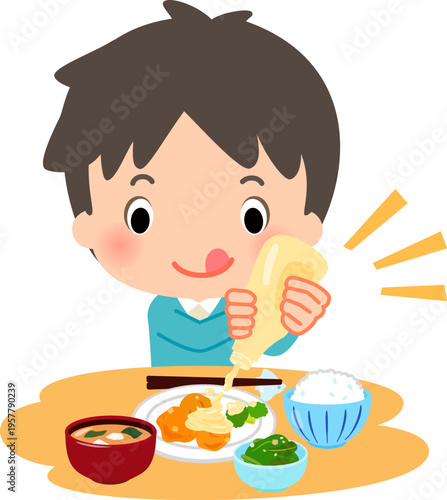 料理に大量のマヨネーズをかける男性