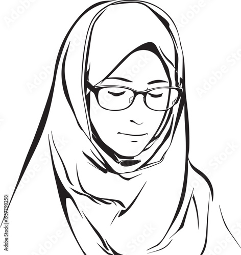Hand Drawn Woman Wearing Hijab Black and White Avatar Illustration in Minimal Solid Art Style Design