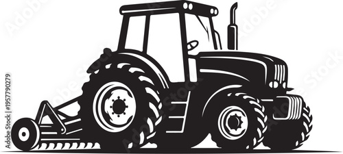 Black and white tractor with large wheels and mower