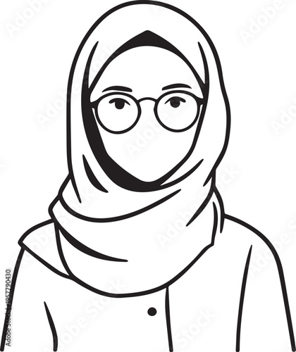Hand Drawn Woman Wearing Hijab Black and White Avatar Illustration in Minimal Solid Art Style Design