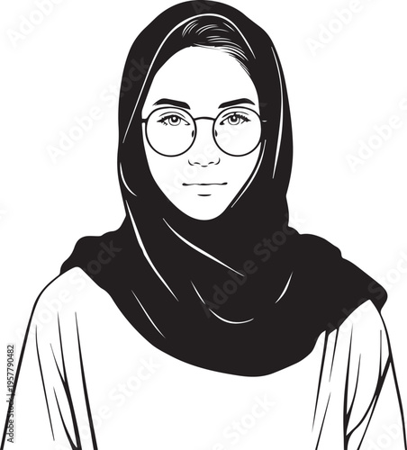 Hand Drawn Woman Wearing Hijab Black and White Avatar Illustration in Minimal Solid Art Style Design