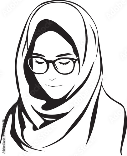 Hand Drawn Woman Wearing Hijab Black and White Avatar Illustration in Minimal Solid Art Style Design