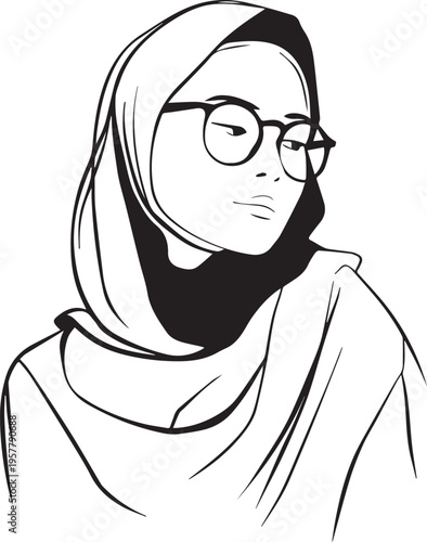 Hand Drawn Woman Wearing Hijab Black and White Avatar Illustration in Minimal Solid Art Style Design