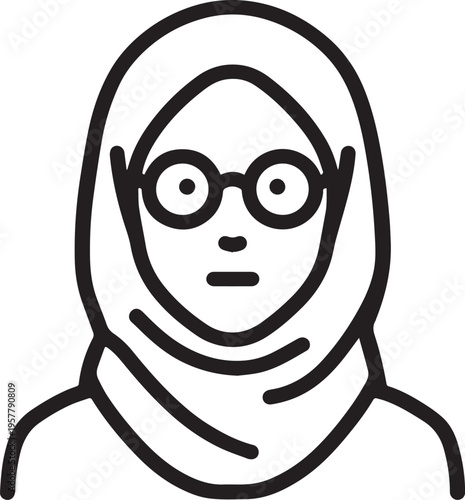 Hand Drawn Woman Wearing Hijab Black and White Avatar Illustration in Minimal Solid Art Style Design