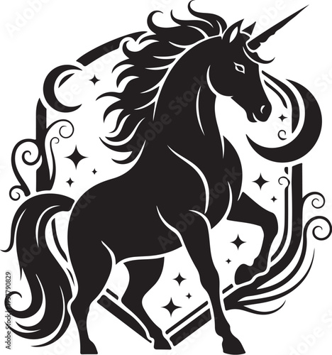 Majestic Unicorn Silhouette with Flowing Mane and Tail Illustration