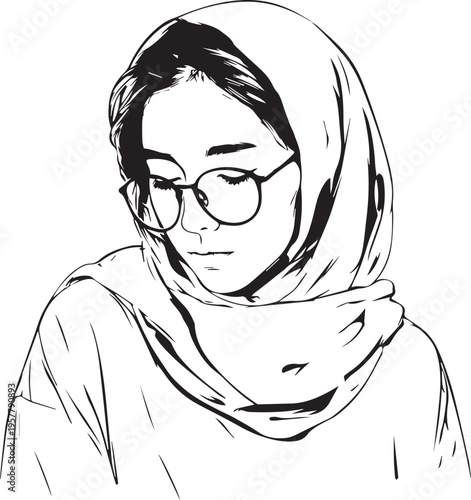 Hand Drawn Woman Wearing Hijab Black and White Avatar Illustration in Minimal Solid Art Style Design