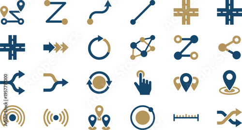 Diverse collection of blue and gold vector icons illustrating navigation, data flow, connections, and communication.