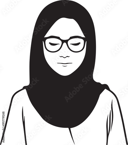 Hand Drawn Woman Wearing Hijab Black and White Avatar Illustration in Minimal Solid Art Style Design