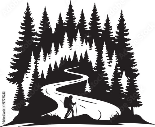 Hiker walking on winding path through dense pine forest