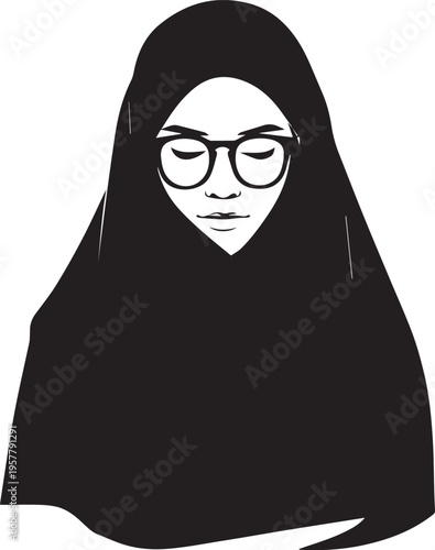 Hand Drawn Woman Wearing Hijab Black and White Avatar Illustration in Minimal Solid Art Style Design