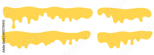 Set of yellow dripping borders isolated on white background. Flat cartoon melting drips of honey, cheese, paint or caramel. Simple liquid dripping edge collection.