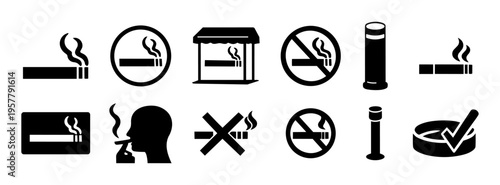 Smoking Area and No Smoking Sign Silhouette Icon Set Isolated on White Background