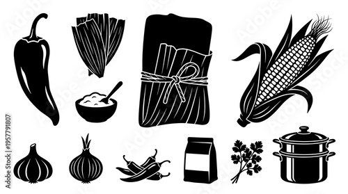 Authentic mexican tamale recipe ingredients vector collection. Black and white illustrations of corn, masa flour, husks, chili peppers, garlic, onion, cilantro and steamer pot.