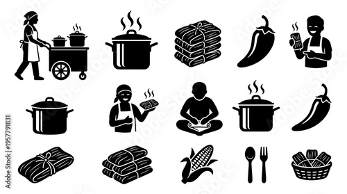 Black and white traditional mexican tamale vector icon set. Silhouettes of street food vendor cart, people cooking and eating, steamer pot, corn, chili, and stacked husks.