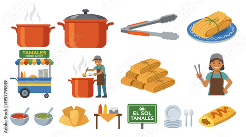 Colorful mexican tamale vector set featuring street food cart, male and female vendors cooking, steamer pots, stacked tamales in corn husks, and salsa bowls for menu design.
