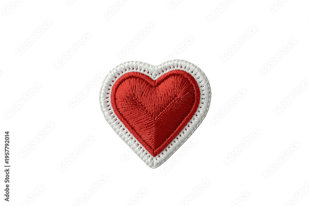 Fototapeta premium Red heart embroidered patch with white border, symbolizing love, passion, romance, and valentine's day on transparent background