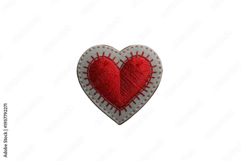 Obraz premium Hand stitched red heart patch symbolizing love, romance, passion, and affection on transparent background