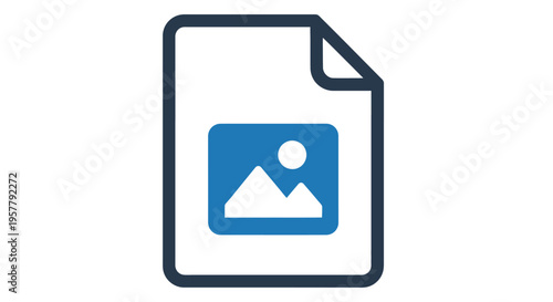 Simple vector graphic illustration representing a generic file icon containing an embedded image placeholder with abstract mountains and a sun.