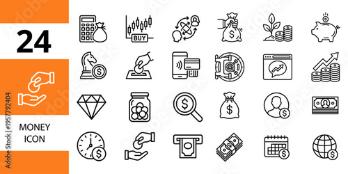 Money icons: finance, currency, banking, investment, savings symbols graphic set, piggy bank