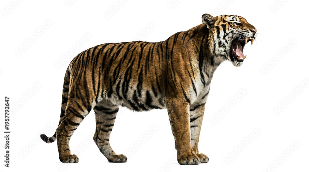 Obraz premium Majestic tiger roaring in wild nature isolated on white background 4k, Generative AI