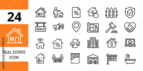 Real estate icons: house, property, building, investment, sale, mortgage, home ownership, agents