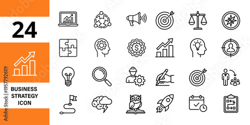 Business strategy icons: planning, growth, ideas, success, target, analysis, teamwork, leadership