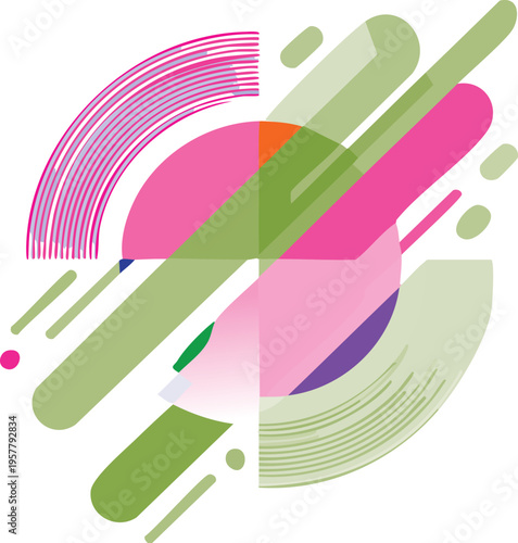 Abstract Geometric Composition with Colorful Shapes and Lines on a White Background
