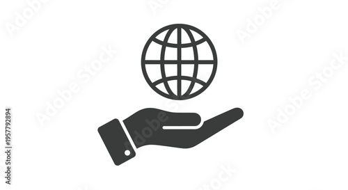 Simple dark silhouette vector illustration of a human hand gently holding and presenting the entire planet earth globe icon