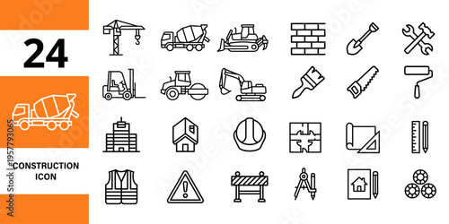Construction icons: building, tools, equipment, safety, planning, industry, architecture, workers