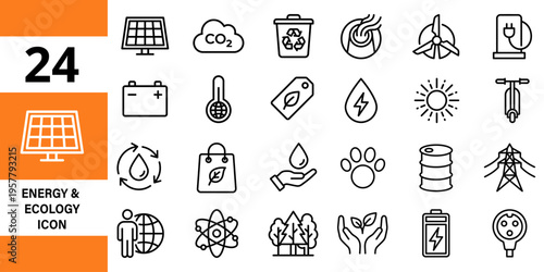 Energy and ecology icons: solar, wind, battery, recycle, nature, environment, sustainability, power, electric pole