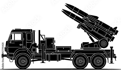 Surface to air missile launcher truck silhouette military defense vehicle vector isolated on white background