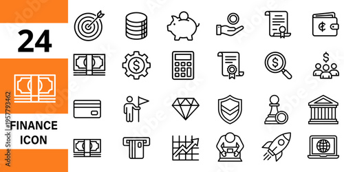 Finance icons: money, investment, banking, and business growth symbols, piggy bank
