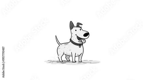 Happy cartoon dog illustration standing. Cute black and white pet animal character with a wagging tail and tongue out, smiling graphic.