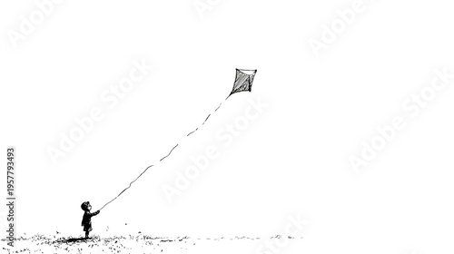 Minimalist black and white illustration of a small child flying a kite, symbolizing freedom, dreams, and childhood joy.