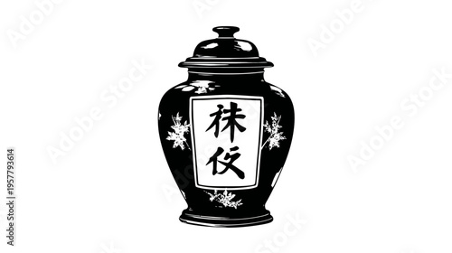Elegant Black Ceramic Jar with Traditional Asian Floral Pattern and Eastern Script Label Illustration