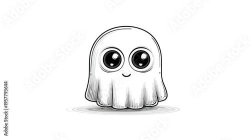 Cute friendly ghost cartoon character illustration, adorable phantom sketch with big eyes and sweet smile on white background