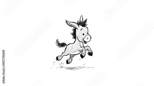 Cute hand-drawn sketch of a playful baby donkey jumping, adorable cartoon foal illustration on white background