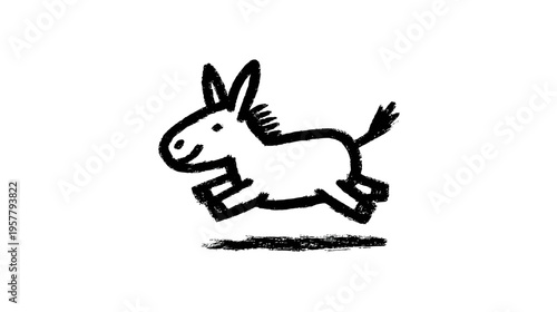 Cheerful jumping donkey cartoon illustration. Simple black and white hand-drawn sketch of a happy, playful domestic animal running.