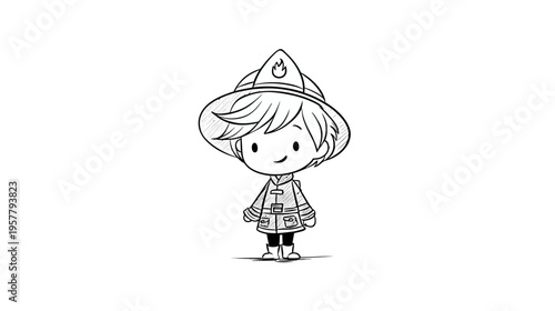 Black and white line art illustration of a cute child dressed as a firefighter, depicting a future career dream