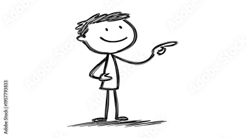 Friendly smiling stick figure pointing right, a simple hand-drawn illustration conveying direction or instruction