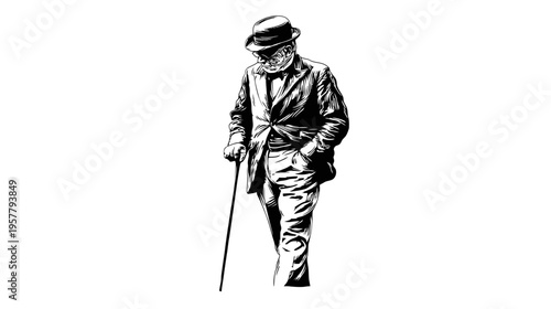 Vintage Engraved Illustration of an Elderly Man Walking with a Cane and Hat, Dressed in a Classic Suit, Retro Style Artwork