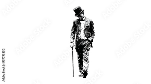 Elegant gentleman in a top hat, formal suit, and cane strolling. Classic vintage black and white graphic illustration of a dapper man.