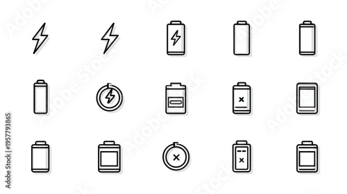Collection of Battery and Charging Status Line Icons. Power Level Indicators, Full, Low, Empty, and Charging State Outline Symbols.
